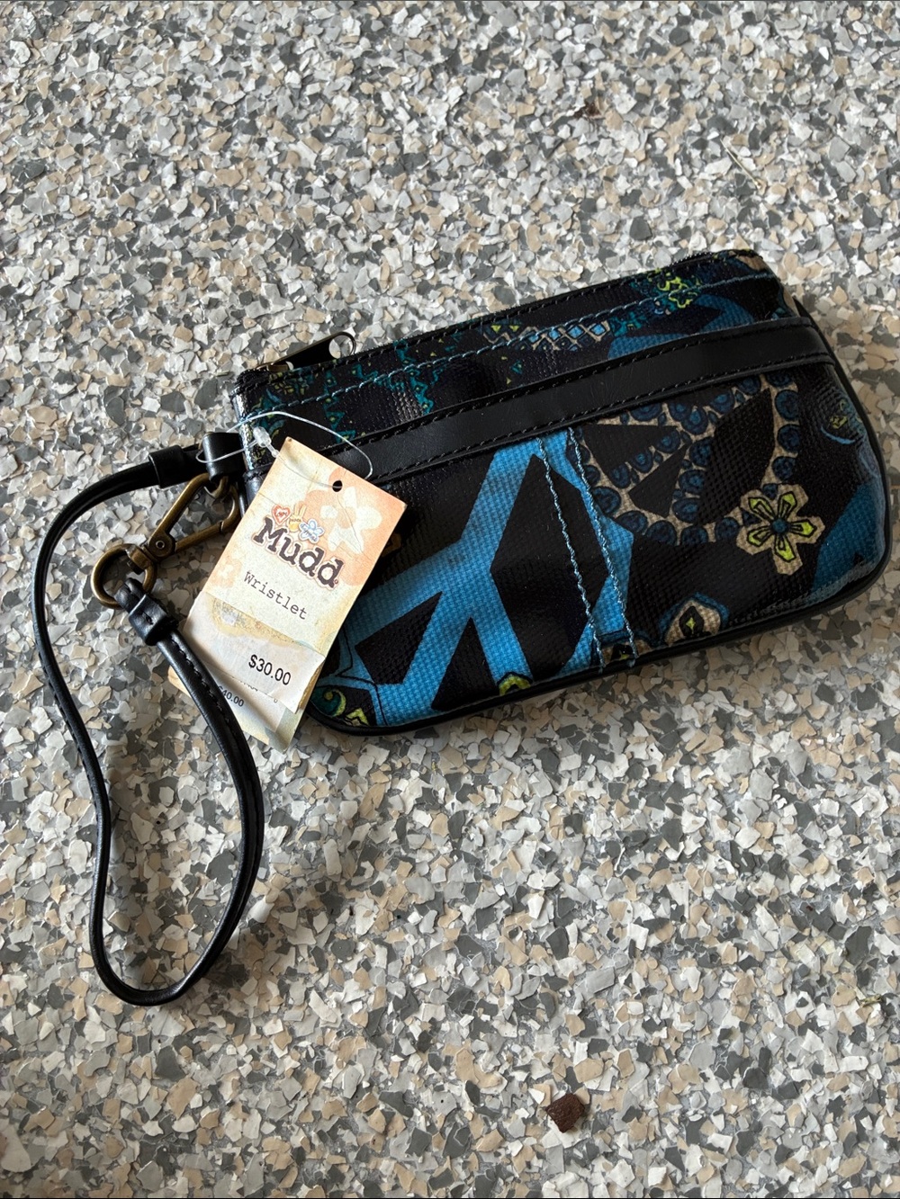 Mudd Black and Blue Patterned Wristlet with Strap